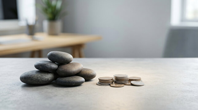 Clean strategic planning concept with Smooth balanced river stones arranged beside modest group of coins for lasting wealth accumulation, with soft natural light