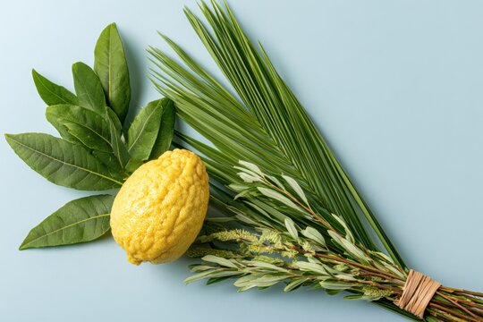 Traditional Four Species of Sukkot displayed on soft blue background, featuring a bumpy yellow etrog citron, green lulav palm frond, and fresh myrtle branches