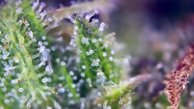 Majestic Close up macro of cannabis leaf surface showing resinous trichomes on bud texture, medicalhemp plant study.