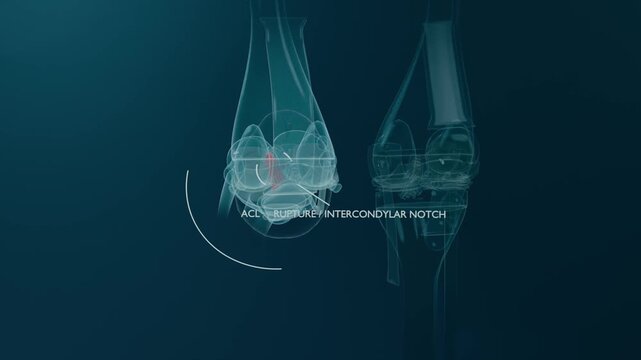 Advancing timeline, left knee model rotating forward at clinical stage, highlighting ACL rupture