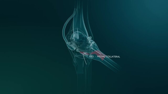 Beginning clinical animation showing translucent 3D knee model rotating, revealing MCL label for ID