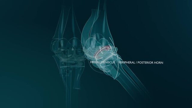 Animating 3D knee joint, drawing guide arc, rotating and labeling medial meniscus horn to highlight