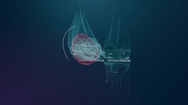 Animating white arc, paired knee models showing left synovial effusion and pressure label in studio