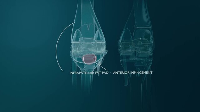 Camera zooming, arc focusing left knee model, pulsing to reveal infrapatellar fat pad in animation