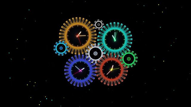 Colorful Neon Clockwork Gears Mechanism Loop Background