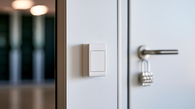 Close-up view of a white wall switch next to a secure office door handle with a metal padlock in a bright corporate hallway setting