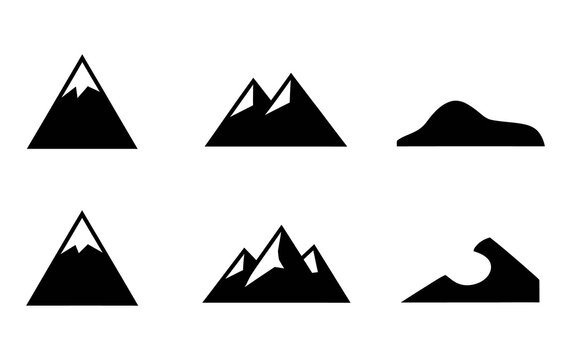 Minimalist mountain icons set, black mountain peak silhouettes on white background. Simple geometric mountain range symbols for logo design. Set of 6 outdoor adventure and nature travel icons.