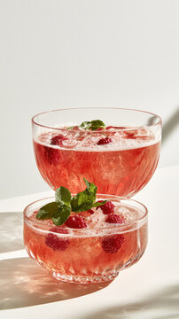 Sparkling punch bowl drink with mint and raspberry garnish in cut glass vessels, bright indoor daylight creating soft shadows and spacious copy space
