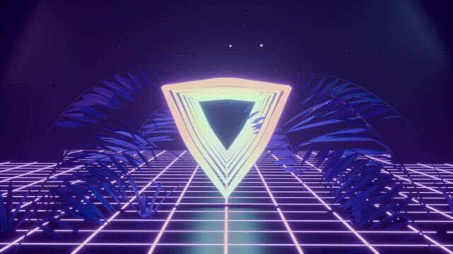 Dimming neon triangle stacking nested outlines above purple grid, flanking palms creating glow