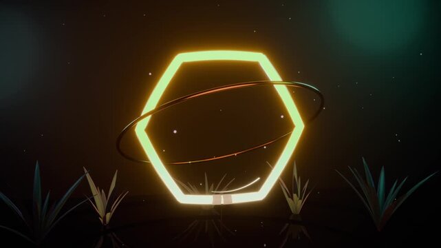 Dimming exposure revealing silhouette, golden hexagon brightening in 3D studio orbiting metal ring