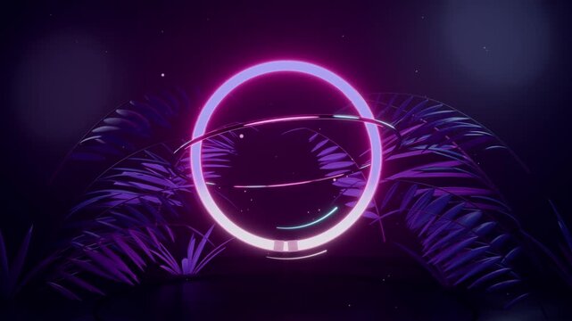 Appearing neon pink ring pulsing on dark stage, rotating bands and orbiting cyan arcs