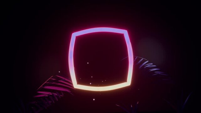 Appearing rounded neon square pulsing, shifting hue in CGI scene with palm fronds and particles