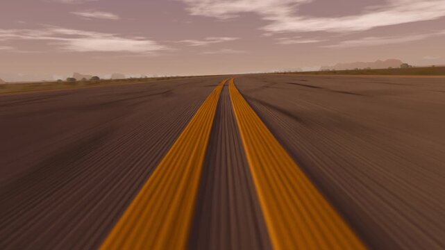 Tracking camera starting near parallel yellow ridges moving toward airfield showing lines meeting