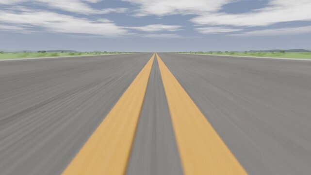 Moving camera forward along paved strip, showing double yellow lines converging toward horizon
