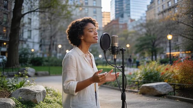 Singing woman facing mic in light shirt recording vocals for demo in city park with pop-filter