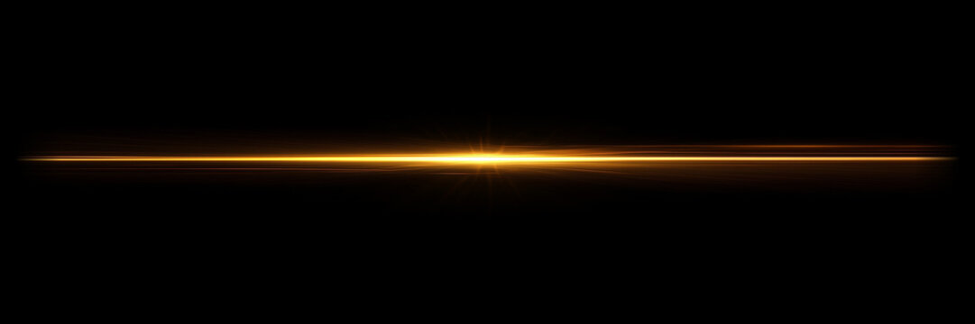 Golden light flare streak with horizontal beam isolated on black background glow effect optical flare laser beam shining ray bright flash horizontal isolated