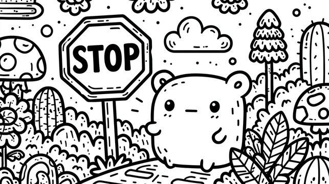 A cute cartoon bear stands at a stop sign in a whimsical landscape.