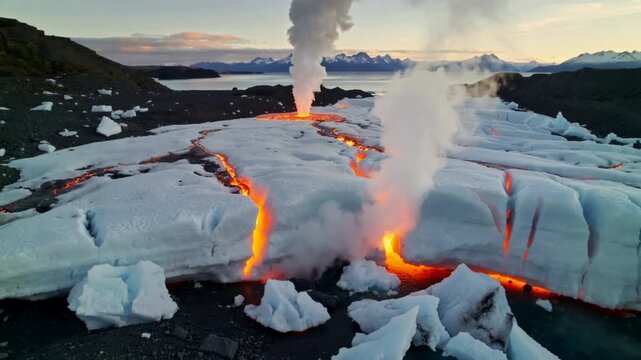 Erupting lava pouring from central vent, melting glacier ice at coast and widening fissures