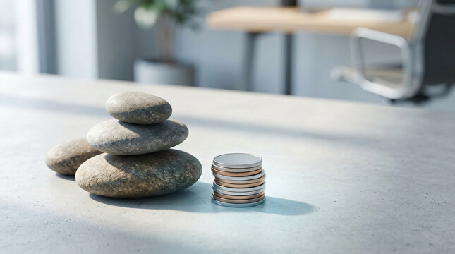 Elegant financial security concept with Smooth balanced river stones arranged beside modest group of coins for lasting wealth accumulation, with subtle contemporary depth