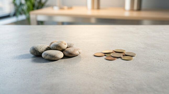 Clean wealth planning still life with Smooth balanced river stones arranged beside modest group of coins for lasting wealth accumulation, on a refined minimal surface
