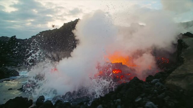 Surging erupting lava outlet becoming unstable at coast, sending glowing spatter with steam plumes