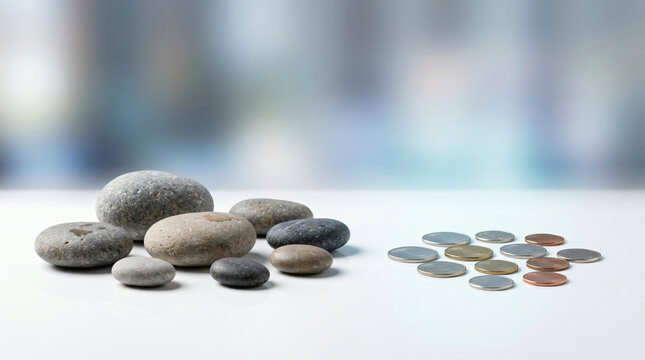 Modern wealth management background with Smooth balanced river stones arranged beside modest group of coins for lasting wealth accumulation, with generous copy space