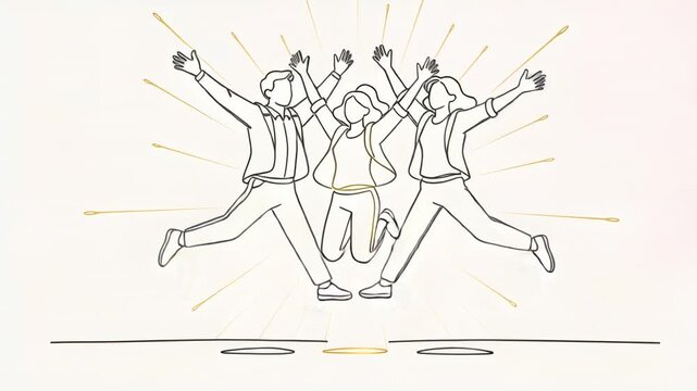 Celebrating trio in blazers leaping and landing on floor markers with golden halo sunburst growing