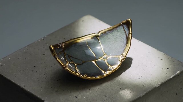 Rotating semicircle fragment showing gold seams and rim by camera pan on concrete pedestal in light