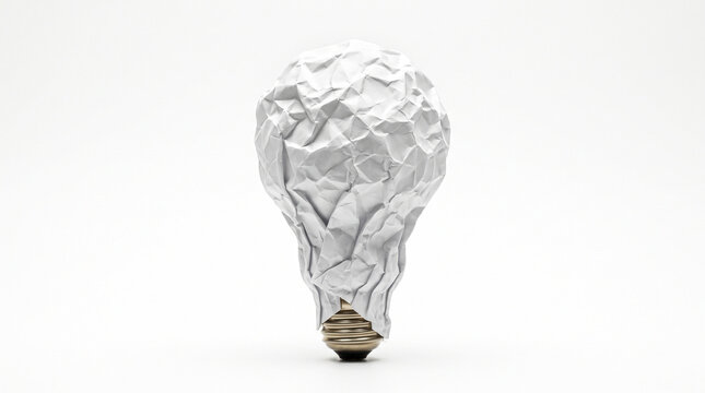 Ultra-realistic unconventional crumpled paper-like white light bulb sculpture, heavily wrinkled textured surface, visible bulb silhouette and subtle gray shadows in the folds