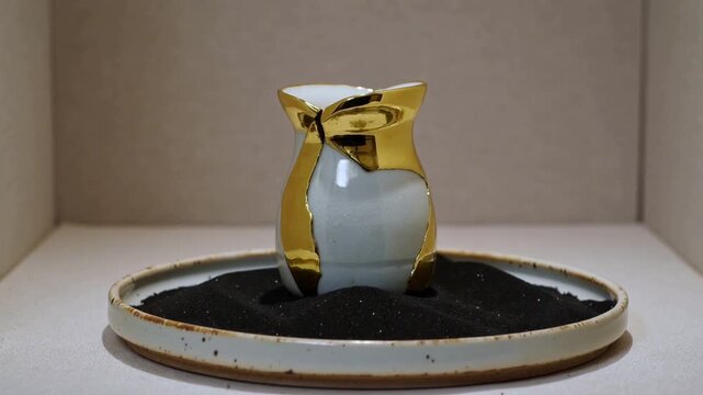 Rotating from start, white ceramic vase revealing gold seam on black sand tray in beige box