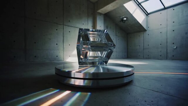 Spinning platform making cut glass cube rock, revealing inner cube in skylit gallery