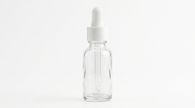 Ultra-realistic minimalist transparent glass serum dropper bottle with a white pipette cap, cylindrical bottle body, subtle clear-glass reflections and clean medical-cosmetic design