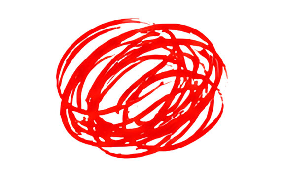 Red dense scribbled circle mass and chaotic interwoven marker scribble patch