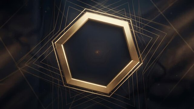 Rotating gold hexagon pulsing at digital CGI stage as wireframes animate, forming glowing star
