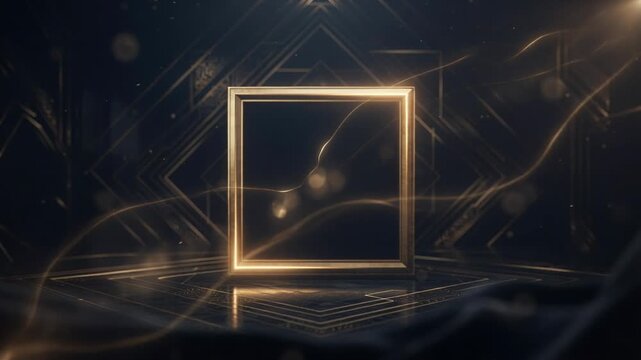 Sweeping golden light ribbons revealing gold frame at art-deco set, emerging from right for display
