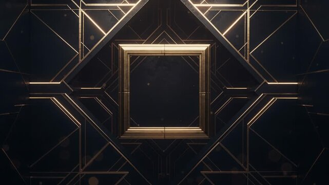 Camera shifting as curtain receding, revealing gilded square frame on metal wall to reveal center