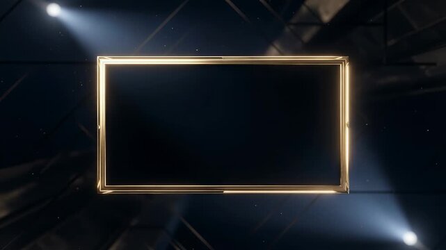 Glinting gold frame on stage as left-right spotlights rising, bottom bar widening for title reveal
