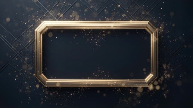 Floating bokeh dots causing light sweeping across centered gold frame against navy lattice backdrop