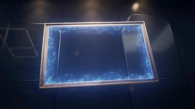Forming after three frames, gold frame emitting bluish plasma border on gallery wall, with sparks