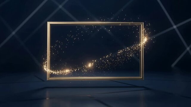 Appearing sparks forming trail sweeping inside metallic gold frame in studio, creating bright burst