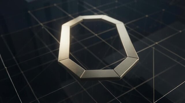 Orbiting camera showcasing rotating segmented gold octagon ring on glossy platform, wireframe grid