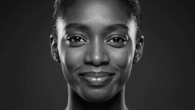 Camera rolling, woman with cropped hair blinking then smiling during studio portrait, soft lighting