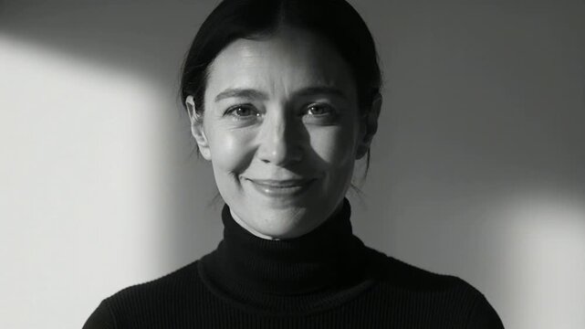 Softening woman holding gaze while smiling as camera zooming for portrait turtleneck light patch