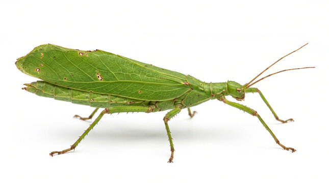 Highly detailed green leaf-like insect with elongated body, thin articulated legs, realistic antennae and natural camouflage coloration, positioned horizontally as if walking