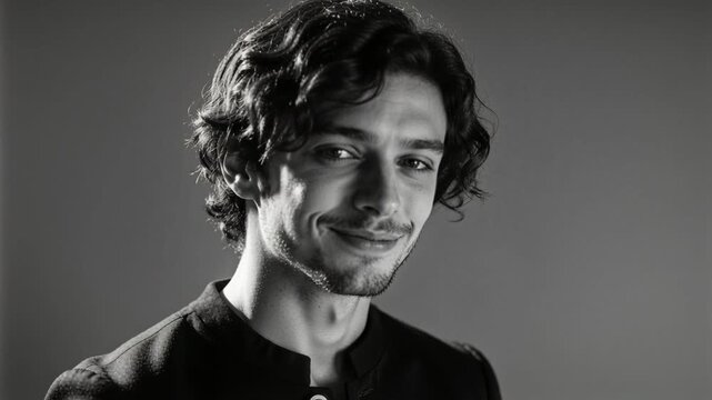 Shifting head on camera cue, male softening gaze, smiling for portrait, grey backdrop, side light
