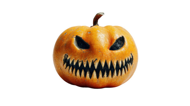 Scary Carved Halloween Pumpkin Jack O Lantern With Glowing Eyes Sharp Teeth Evil Grinning Face Spooky Autumn Decoration Concept on White Background