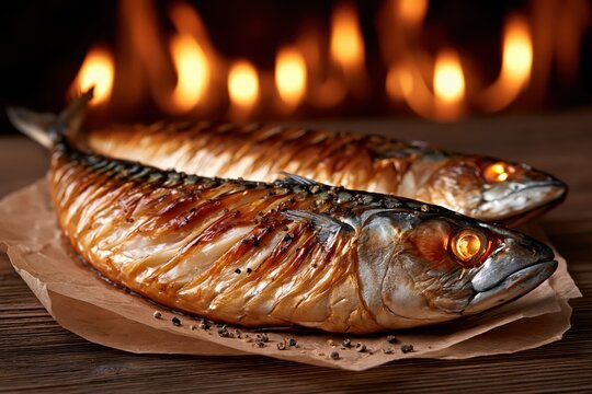 Grilled mackerel fish with fire flames on rustic wooden background