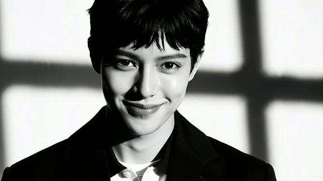 Winking model shifting into full smile while modeling in B or W studio, grid shadow and dark blazer