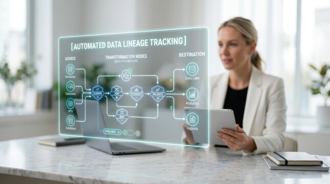 Professional woman analyzing complex automated data lineage tracking on a futuristic holographic display, showcasing advanced business intelligence and technology solutions in a modern office