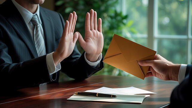 Businessman in suit making a stop gesture with hands while refusing to accept a brown envelope at a desk in a modern office setting